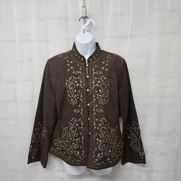 Silkland Brown Green Paisley Embroidered Boho Silk Retro Hippie Jacket M - Picture 12 of 12